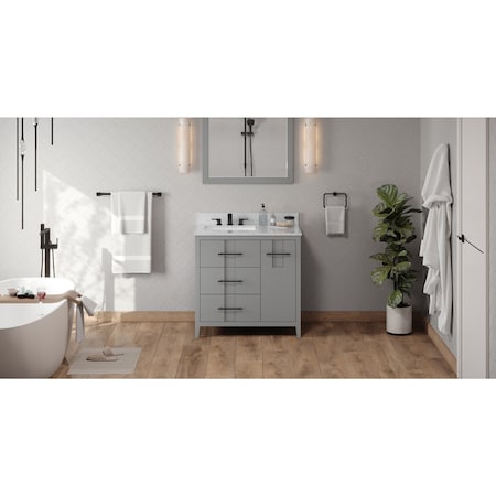 Jeffrey Alexander 36In. Grey Katara Vanity, Left Offset, White Carrara Marble Vanity Top, Undermount Rectangle Bowl VKITKAT36GRWCR